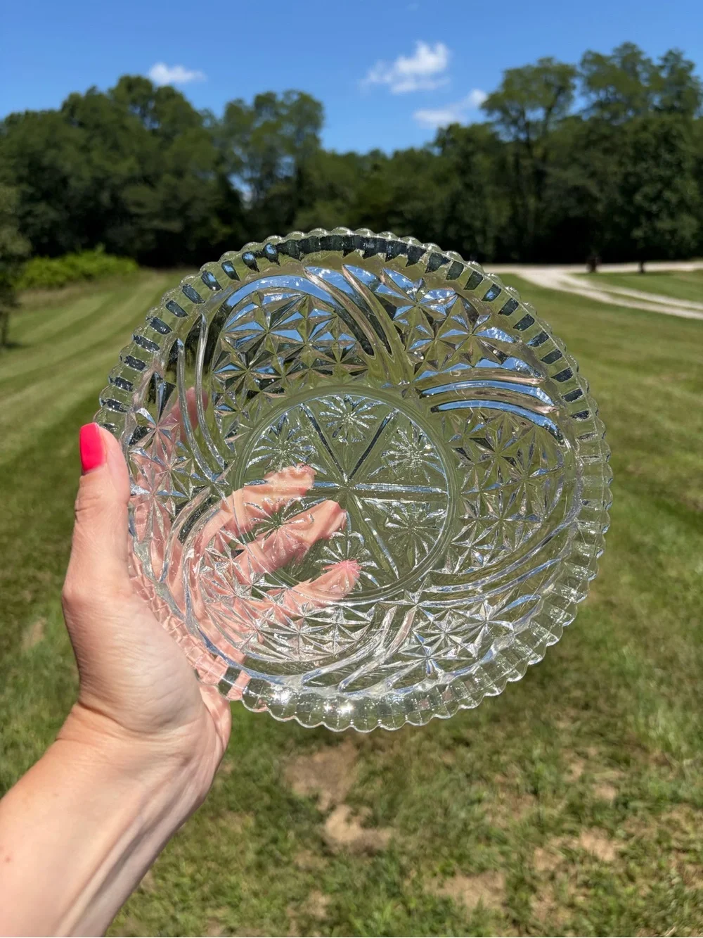 Anchor Hocking Stars And Bars Pattern 8” Clear Glass Salad Bowl Vintage Cottage